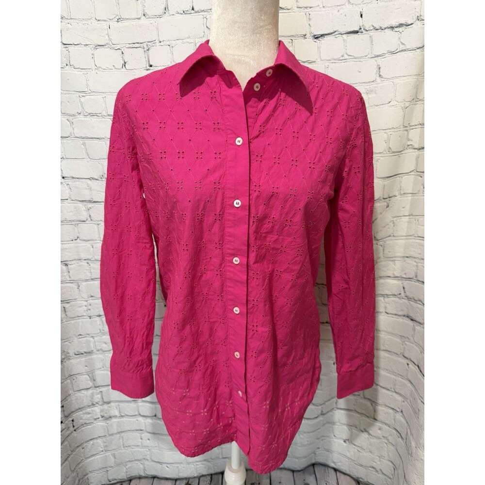 Gap Pink Eyelet Lace Boyfriend Button Up Long Sleeve Collared Cotton Shirt XS